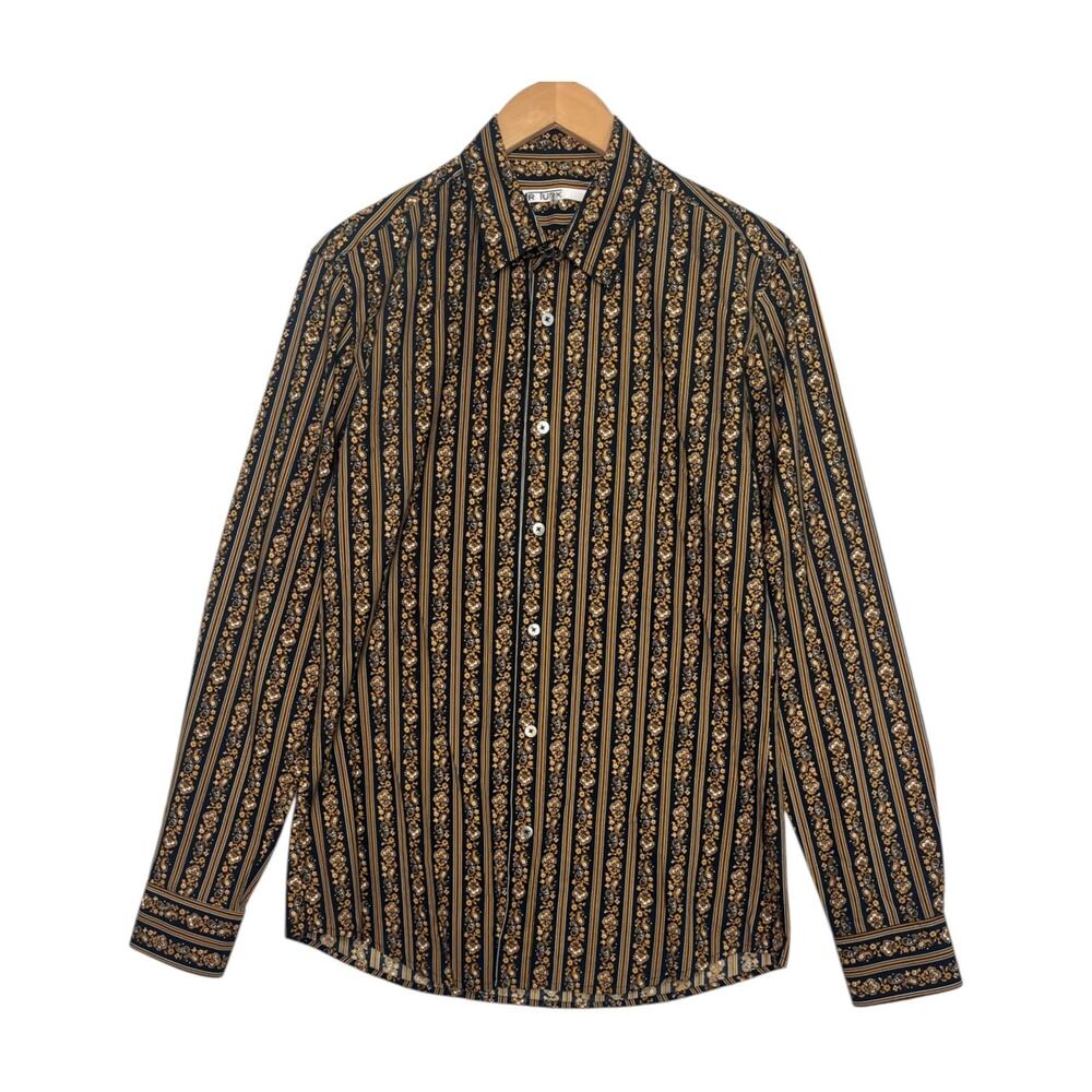 Mr Turk Shirt Mens Medium Black Gold Paisley Stripe Button Up Retro Statement